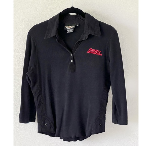 Harley-Davidson Tops - Harley-Davidson Y2K Long Sleeve Polo T-shirt with Red Embroidery Size Medium